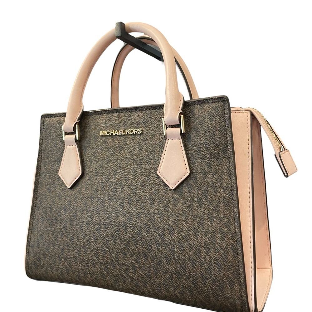 Michael Kors Marilyn Small MK‎ Logo Satchel Purse Bag Brown Blush Pink Designer